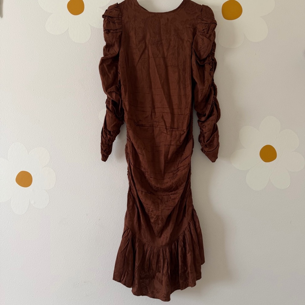 NWT ByTimo Jacquard Chocolate Brown Floral Ruched Ruffled Georgette Mini Dress - Picture 5 of 15